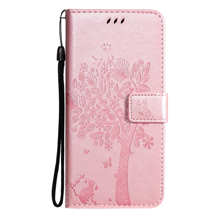 For Samsung Galaxy A52 5G Tree & Cat Pattern Pressed Printing Horizontal Flip PU Leather Case with Holder & Card Slots & Wallet & Lanyard(Rose gold) by buy2fix