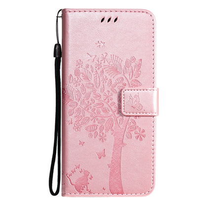 For Samsung Galaxy A52 5G Tree & Cat Pattern Pressed Printing Horizontal Flip PU Leather Case with Holder & Card Slots & Wallet & Lanyard(Rose gold) by buy2fix