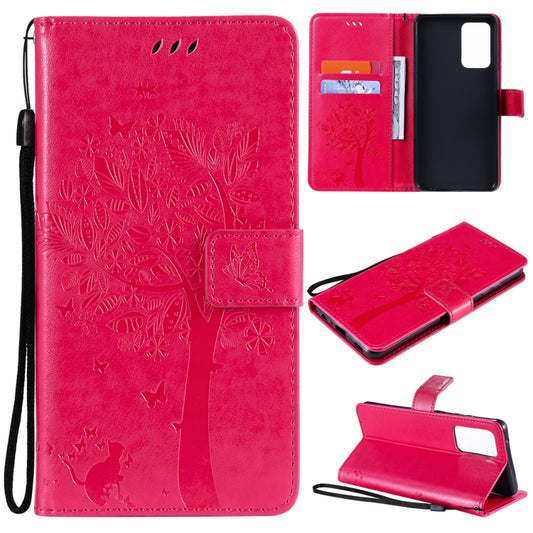 For Samsung Galaxy A52 5G Tree & Cat Pattern Pressed Printing Horizontal Flip PU Leather Case with Holder & Card Slots & Wallet & Lanyard(Rose) by buy2fix