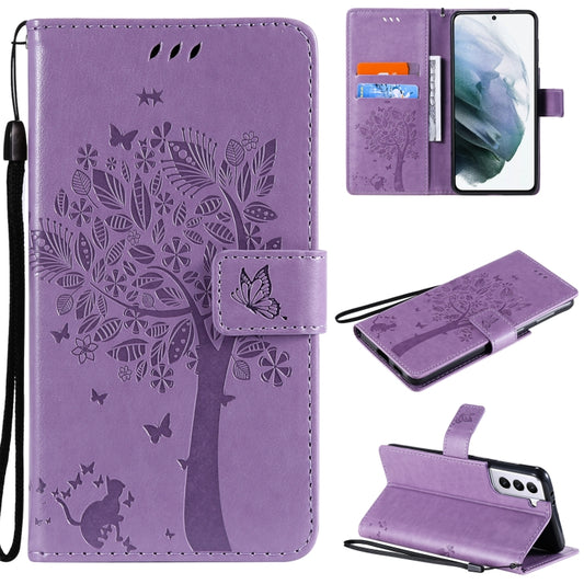 For Samsung Galaxy S21+ 5G Tree & Cat Pattern Pressed Printing Horizontal Flip PU Leather Case with Holder & Card Slots & Wallet & Lanyard(Lavender) by buy2fix