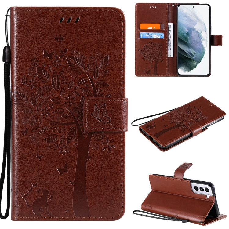 For Samsung Galaxy S21+ 5G Tree & Cat Pattern Pressed Printing Horizontal Flip PU Leather Case with Holder & Card Slots & Wallet & Lanyard(Coffee) by buy2fix
