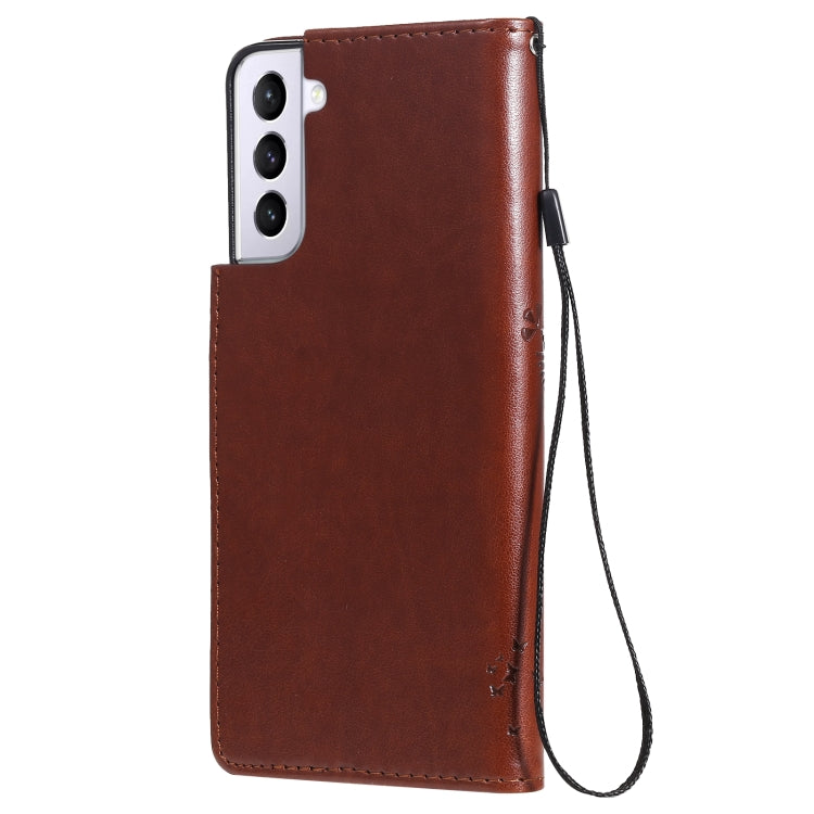 For Samsung Galaxy S21+ 5G Tree & Cat Pattern Pressed Printing Horizontal Flip PU Leather Case with Holder & Card Slots & Wallet & Lanyard(Coffee) by buy2fix