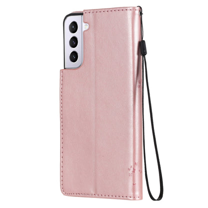 For Samsung Galaxy S21+ 5G Tree & Cat Pattern Pressed Printing Horizontal Flip PU Leather Case with Holder & Card Slots & Wallet & Lanyard(Rose gold) by buy2fix