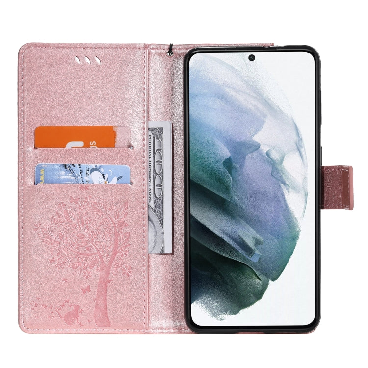 For Samsung Galaxy S21+ 5G Tree & Cat Pattern Pressed Printing Horizontal Flip PU Leather Case with Holder & Card Slots & Wallet & Lanyard(Rose gold) by buy2fix