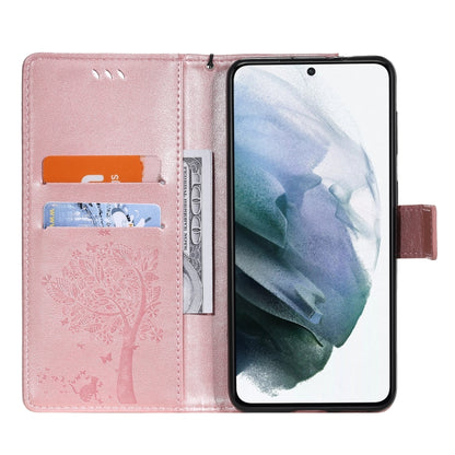 For Samsung Galaxy S21+ 5G Tree & Cat Pattern Pressed Printing Horizontal Flip PU Leather Case with Holder & Card Slots & Wallet & Lanyard(Rose gold) by buy2fix