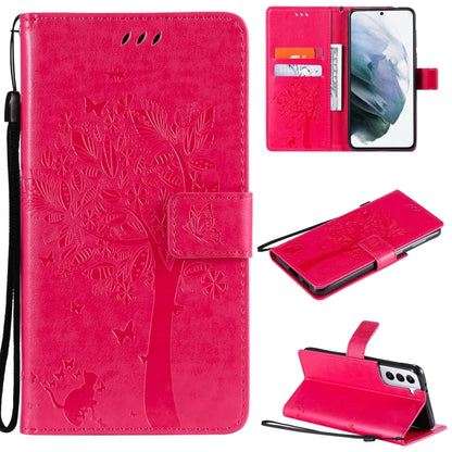 For Samsung Galaxy S21+ 5G Tree & Cat Pattern Pressed Printing Horizontal Flip PU Leather Case with Holder & Card Slots & Wallet & Lanyard(Rose) by buy2fix