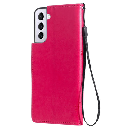For Samsung Galaxy S21+ 5G Tree & Cat Pattern Pressed Printing Horizontal Flip PU Leather Case with Holder & Card Slots & Wallet & Lanyard(Rose) by buy2fix
