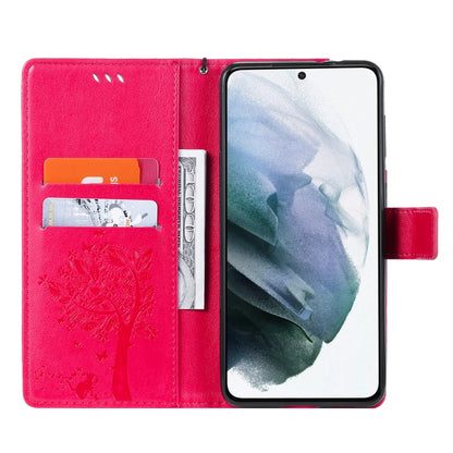 For Samsung Galaxy S21+ 5G Tree & Cat Pattern Pressed Printing Horizontal Flip PU Leather Case with Holder & Card Slots & Wallet & Lanyard(Rose) by buy2fix