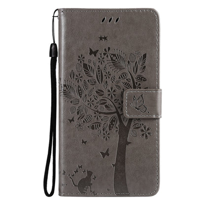 For Samsung Galaxy S21+ 5G Tree & Cat Pattern Pressed Printing Horizontal Flip PU Leather Case with Holder & Card Slots & Wallet & Lanyard(Gray) by buy2fix