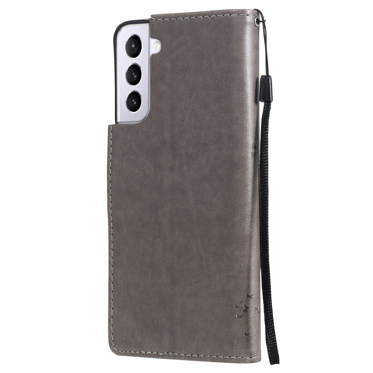 For Samsung Galaxy S21+ 5G Tree & Cat Pattern Pressed Printing Horizontal Flip PU Leather Case with Holder & Card Slots & Wallet & Lanyard(Gray) by buy2fix