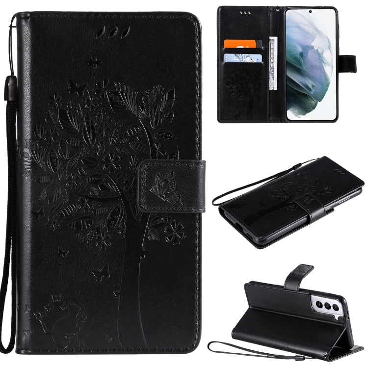For Samsung Galaxy S21+ 5G Tree & Cat Pattern Pressed Printing Horizontal Flip PU Leather Case with Holder & Card Slots & Wallet & Lanyard(Black) by buy2fix