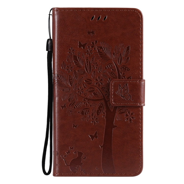 For Samsung Galaxy S21 Ultra 5G Tree & Cat Pattern Pressed Printing Horizontal Flip PU Leather Case with Holder & Card Slots & Wallet & Lanyard(Coffee) by buy2fix