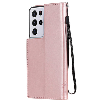 For Samsung Galaxy S21 Ultra 5G Tree & Cat Pattern Pressed Printing Horizontal Flip PU Leather Case with Holder & Card Slots & Wallet & Lanyard(Rose gold) by buy2fix