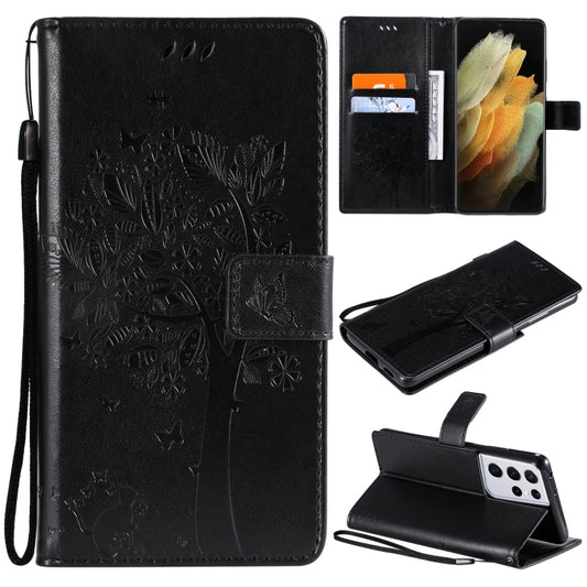 For Samsung Galaxy S21 Ultra 5G Tree & Cat Pattern Pressed Printing Horizontal Flip PU Leather Case with Holder & Card Slots & Wallet & Lanyard(Black) by buy2fix