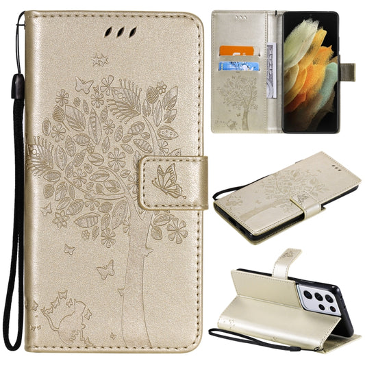 For Samsung Galaxy S21 Ultra 5G Tree & Cat Pattern Pressed Printing Horizontal Flip PU Leather Case with Holder & Card Slots & Wallet & Lanyard(Gold) by buy2fix