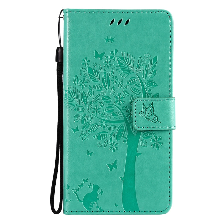 For Samsung Galaxy S21 5G Tree & Cat Pattern Pressed Printing Horizontal Flip PU Leather Case with Holder & Card Slots & Wallet & Lanyard(Green) by buy2fix