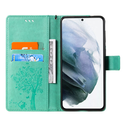 For Samsung Galaxy S21 5G Tree & Cat Pattern Pressed Printing Horizontal Flip PU Leather Case with Holder & Card Slots & Wallet & Lanyard(Green) by buy2fix