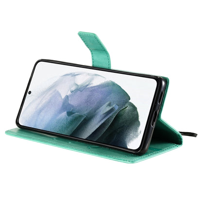 For Samsung Galaxy S21 5G Tree & Cat Pattern Pressed Printing Horizontal Flip PU Leather Case with Holder & Card Slots & Wallet & Lanyard(Green) by buy2fix