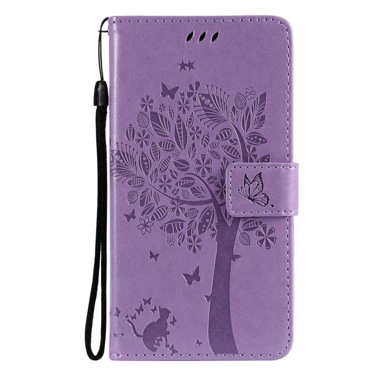 For Samsung Galaxy S21 5G Tree & Cat Pattern Pressed Printing Horizontal Flip PU Leather Case with Holder & Card Slots & Wallet & Lanyard(Lavender) by buy2fix
