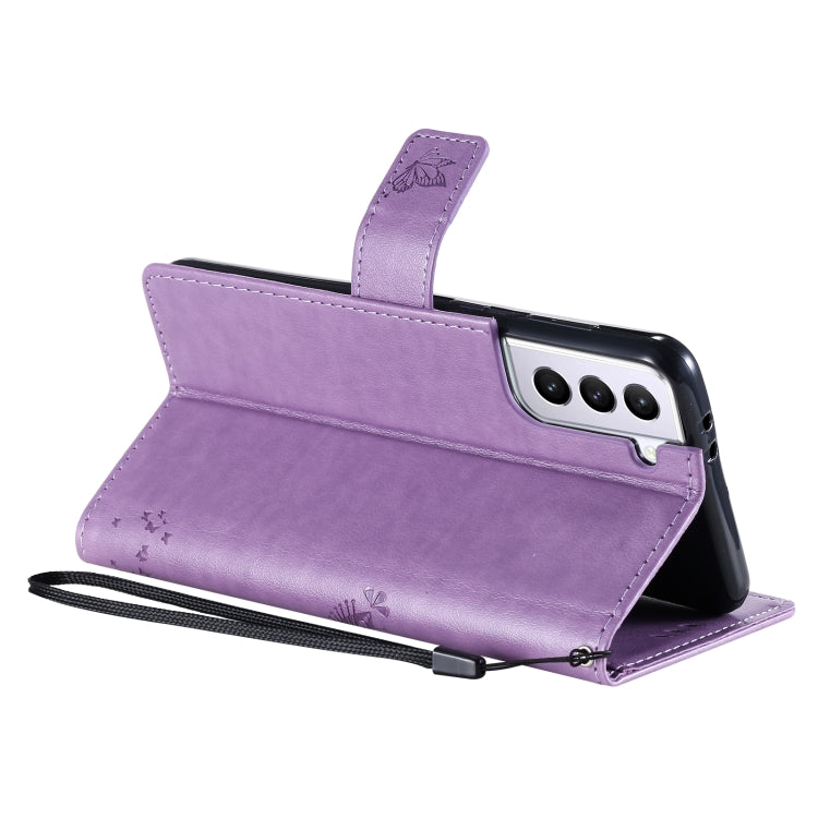 For Samsung Galaxy S21 5G Tree & Cat Pattern Pressed Printing Horizontal Flip PU Leather Case with Holder & Card Slots & Wallet & Lanyard(Lavender) by buy2fix