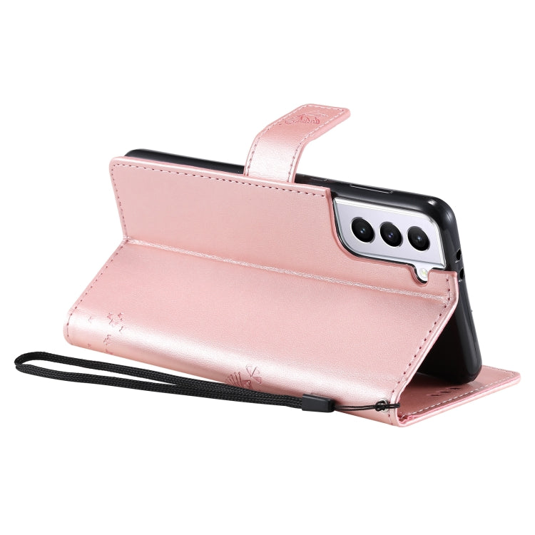 For Samsung Galaxy S21 5G Tree & Cat Pattern Pressed Printing Horizontal Flip PU Leather Case with Holder & Card Slots & Wallet & Lanyard(Rose gold) by buy2fix
