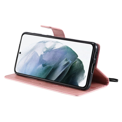 For Samsung Galaxy S21 5G Tree & Cat Pattern Pressed Printing Horizontal Flip PU Leather Case with Holder & Card Slots & Wallet & Lanyard(Rose gold) by buy2fix