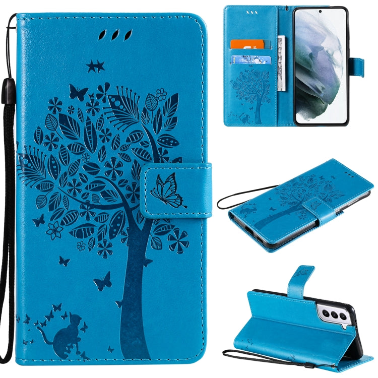For Samsung Galaxy S21 5G Tree & Cat Pattern Pressed Printing Horizontal Flip PU Leather Case with Holder & Card Slots & Wallet & Lanyard(Blue) by buy2fix
