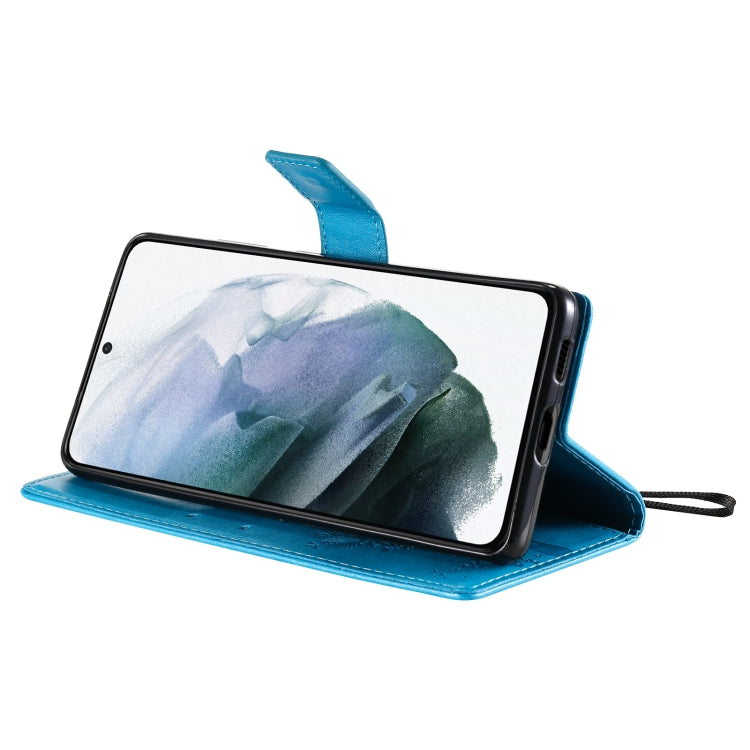 For Samsung Galaxy S21 5G Tree & Cat Pattern Pressed Printing Horizontal Flip PU Leather Case with Holder & Card Slots & Wallet & Lanyard(Blue) by buy2fix