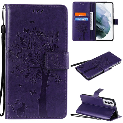 For Samsung Galaxy S21 5G Tree & Cat Pattern Pressed Printing Horizontal Flip PU Leather Case with Holder & Card Slots & Wallet & Lanyard(Purple) by buy2fix
