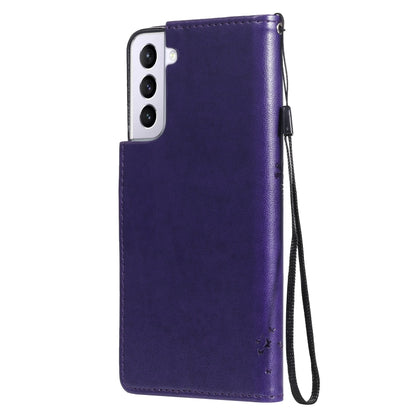 For Samsung Galaxy S21 5G Tree & Cat Pattern Pressed Printing Horizontal Flip PU Leather Case with Holder & Card Slots & Wallet & Lanyard(Purple) by buy2fix