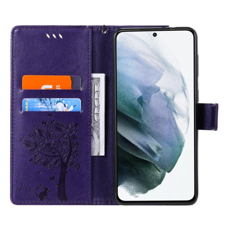 For Samsung Galaxy S21 5G Tree & Cat Pattern Pressed Printing Horizontal Flip PU Leather Case with Holder & Card Slots & Wallet & Lanyard(Purple) by buy2fix