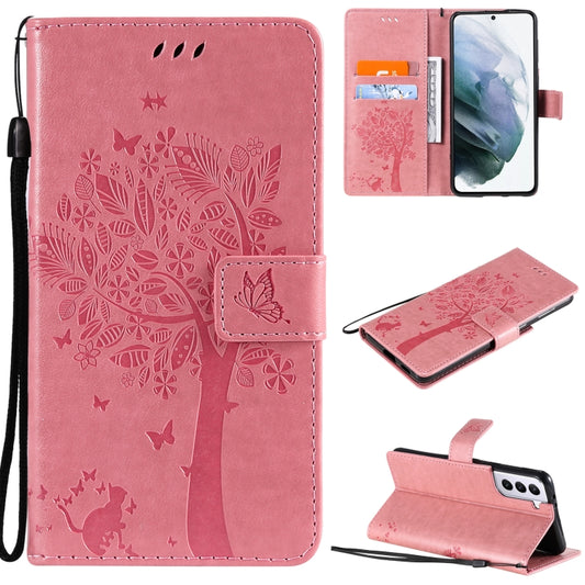 For Samsung Galaxy S21 5G Tree & Cat Pattern Pressed Printing Horizontal Flip PU Leather Case with Holder & Card Slots & Wallet & Lanyard(Pink) by buy2fix