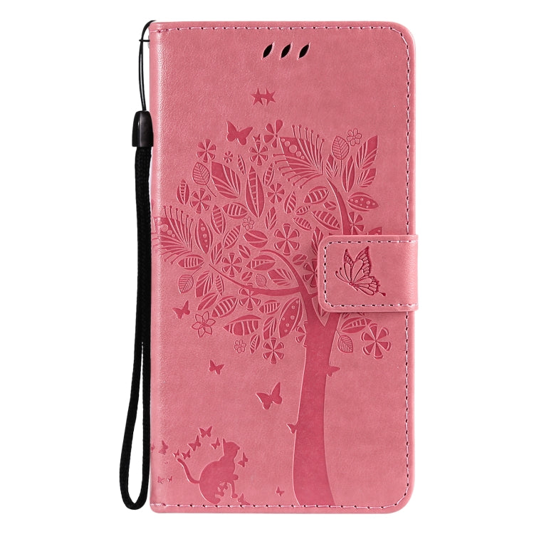 For Samsung Galaxy S21 5G Tree & Cat Pattern Pressed Printing Horizontal Flip PU Leather Case with Holder & Card Slots & Wallet & Lanyard(Pink) by buy2fix