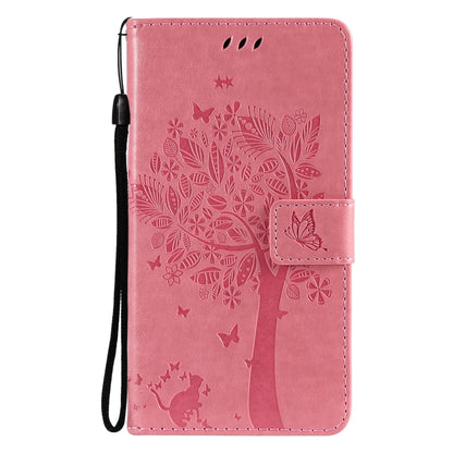 For Samsung Galaxy S21 5G Tree & Cat Pattern Pressed Printing Horizontal Flip PU Leather Case with Holder & Card Slots & Wallet & Lanyard(Pink) by buy2fix