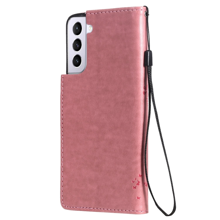 For Samsung Galaxy S21 5G Tree & Cat Pattern Pressed Printing Horizontal Flip PU Leather Case with Holder & Card Slots & Wallet & Lanyard(Pink) by buy2fix