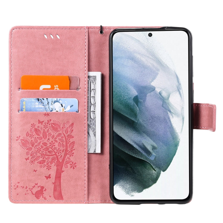 For Samsung Galaxy S21 5G Tree & Cat Pattern Pressed Printing Horizontal Flip PU Leather Case with Holder & Card Slots & Wallet & Lanyard(Pink) by buy2fix