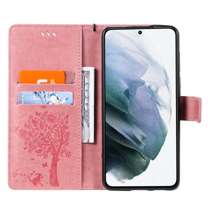 For Samsung Galaxy S21 5G Tree & Cat Pattern Pressed Printing Horizontal Flip PU Leather Case with Holder & Card Slots & Wallet & Lanyard(Pink) by buy2fix