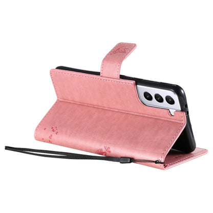For Samsung Galaxy S21 5G Tree & Cat Pattern Pressed Printing Horizontal Flip PU Leather Case with Holder & Card Slots & Wallet & Lanyard(Pink) by buy2fix