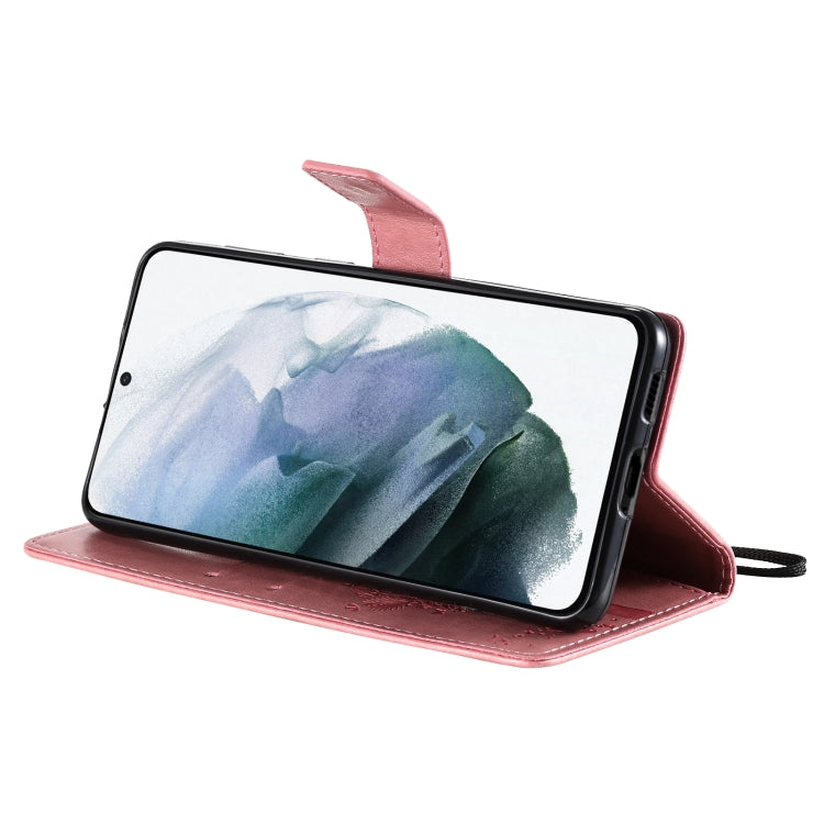 For Samsung Galaxy S21 5G Tree & Cat Pattern Pressed Printing Horizontal Flip PU Leather Case with Holder & Card Slots & Wallet & Lanyard(Pink) by buy2fix