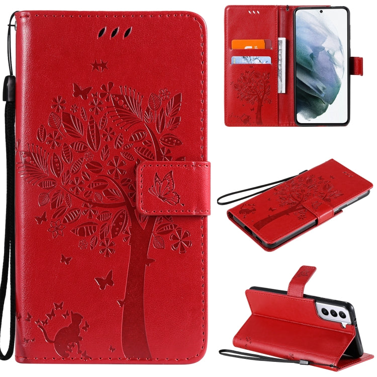 For Samsung Galaxy S21 5G Tree & Cat Pattern Pressed Printing Horizontal Flip PU Leather Case with Holder & Card Slots & Wallet & Lanyard(Red) by buy2fix