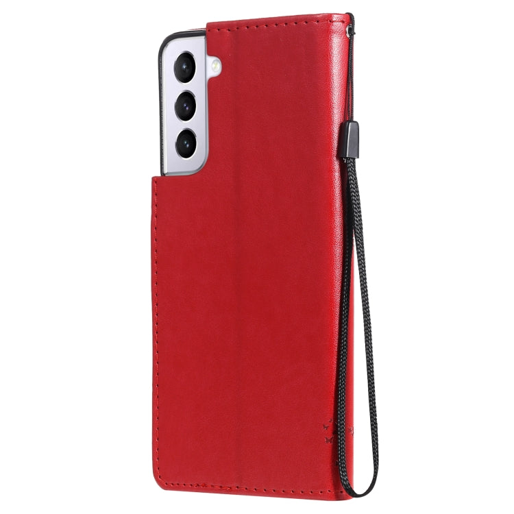 For Samsung Galaxy S21 5G Tree & Cat Pattern Pressed Printing Horizontal Flip PU Leather Case with Holder & Card Slots & Wallet & Lanyard(Red) by buy2fix