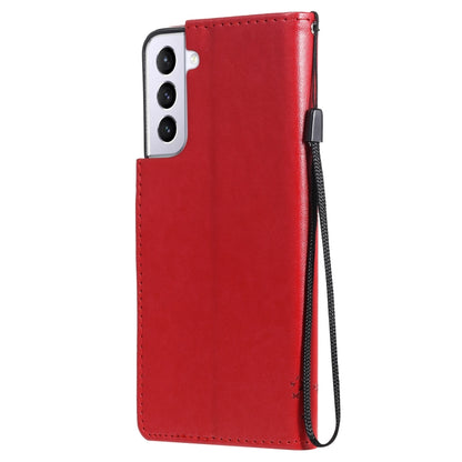 For Samsung Galaxy S21 5G Tree & Cat Pattern Pressed Printing Horizontal Flip PU Leather Case with Holder & Card Slots & Wallet & Lanyard(Red) by buy2fix