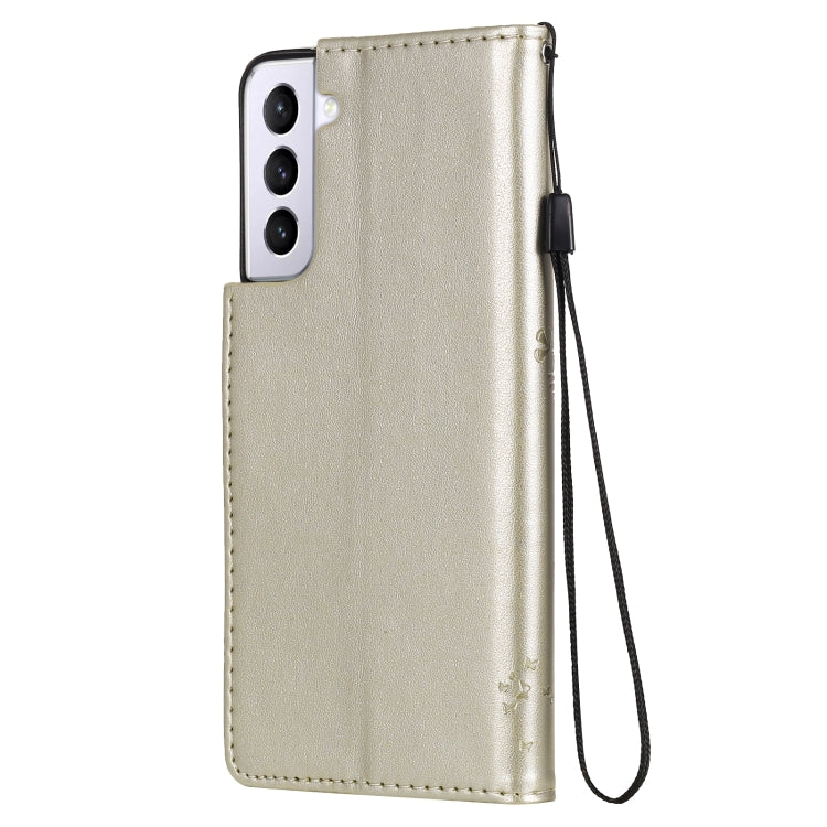 For Samsung Galaxy S21 5G Tree & Cat Pattern Pressed Printing Horizontal Flip PU Leather Case with Holder & Card Slots & Wallet & Lanyard(Gold) by buy2fix