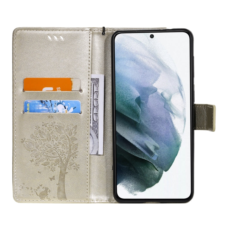 For Samsung Galaxy S21 5G Tree & Cat Pattern Pressed Printing Horizontal Flip PU Leather Case with Holder & Card Slots & Wallet & Lanyard(Gold) by buy2fix