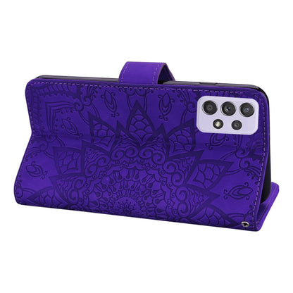 For Samsung Galaxy A52 5G / 4G Embossed Sunflower Pattern Horizontal Flip PU Leather Case with Holder & Card Slots & Wallet & Lanyard (Purple) by buy2fix