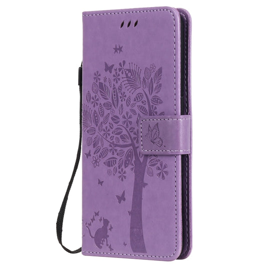 For OPPO Reno5 5G Tree & Cat Pattern Pressed Printing Horizontal Flip PU Leather Case with Holder & Card Slots & Wallet & Lanyard(Light Purple) by buy2fix