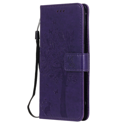 For OPPO Reno5 5G Tree & Cat Pattern Pressed Printing Horizontal Flip PU Leather Case with Holder & Card Slots & Wallet & Lanyard(Purple) by buy2fix