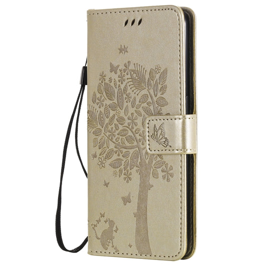 For OPPO Reno5 5G Tree & Cat Pattern Pressed Printing Horizontal Flip PU Leather Case with Holder & Card Slots & Wallet & Lanyard(Gold) by buy2fix