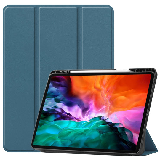 For iPad Pro 12.9 2022 / 2021 Horizontal Flip Honeycomb TPU + PU Leather Tablet Case with Three-folding Holder & Sleep / Wake-up Function & Pen Slot(Dark Green)
