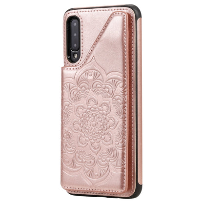 For Samsung Galaxy A50 Flower Embossing Pattern Shockproof Protective Case with Holder & Card Slots & Photo Frame(Rose Gold) by buy2fix